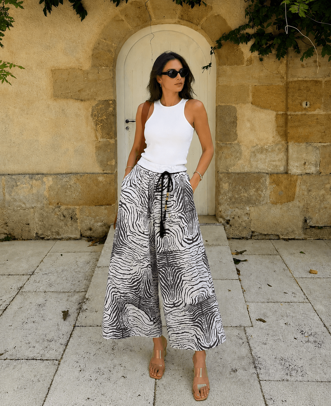 Zebra Esintili Bol Paça Pantolon Beyaz-RS265871