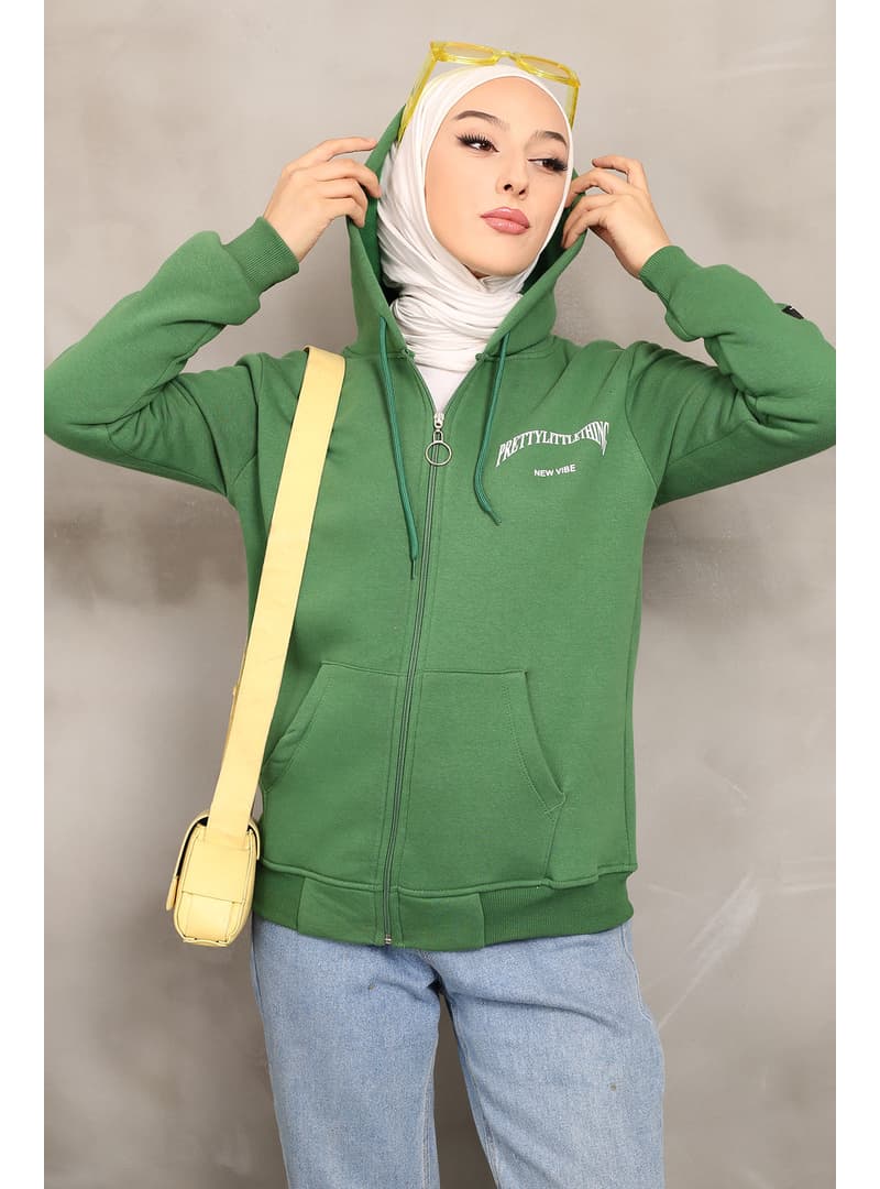 Yeşil Kapüşonlu Fermuarlı Sweatshirt