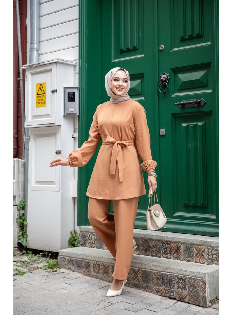 Dikiş Detaylı Tesettür Takım Camel