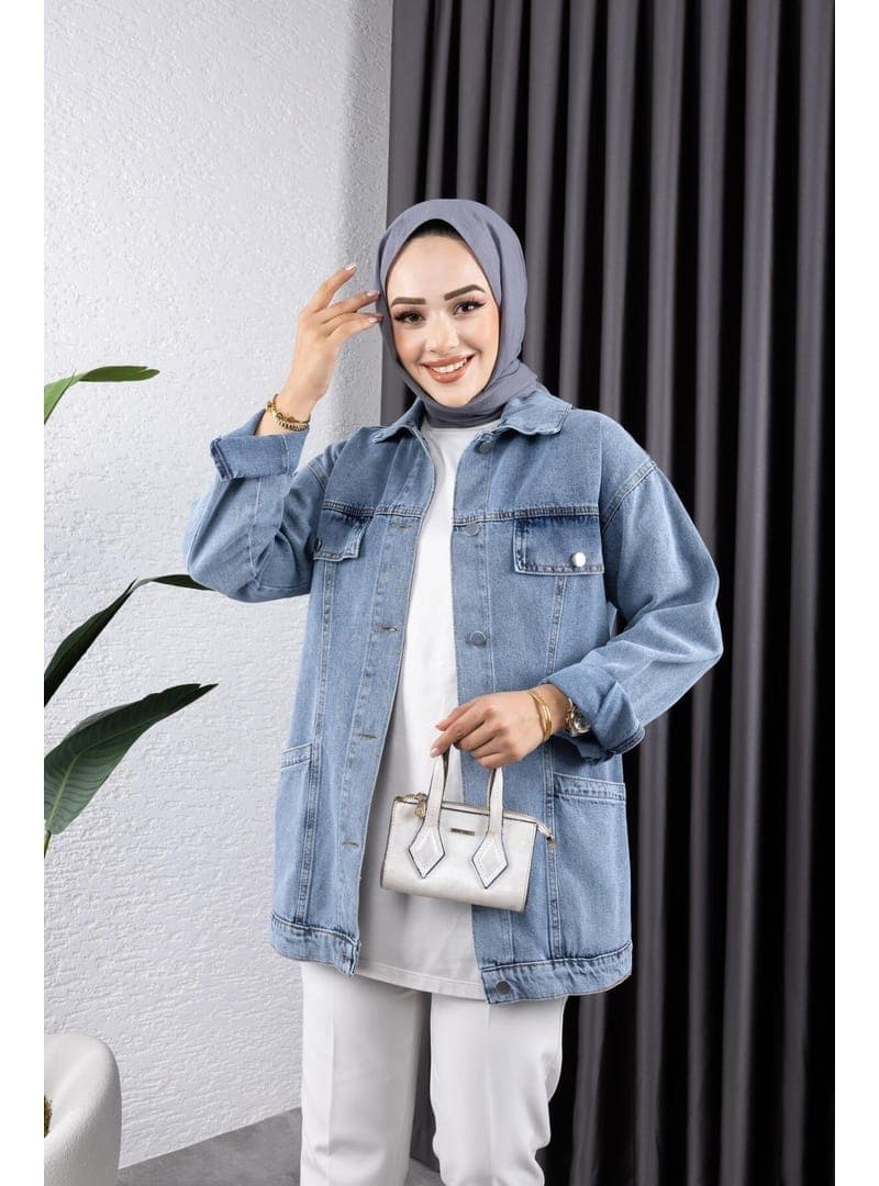 Cep Detaylı Denim Ceket Mavi