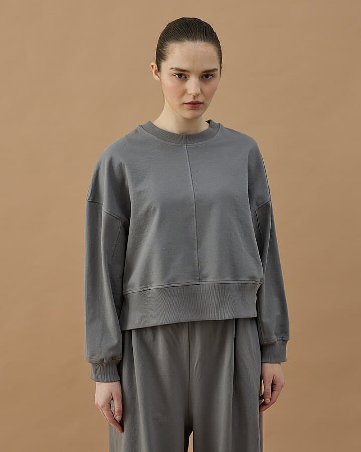 Cotton İki İplik Nervürlü Kesikli Dikişli Kısa Sweat Gri