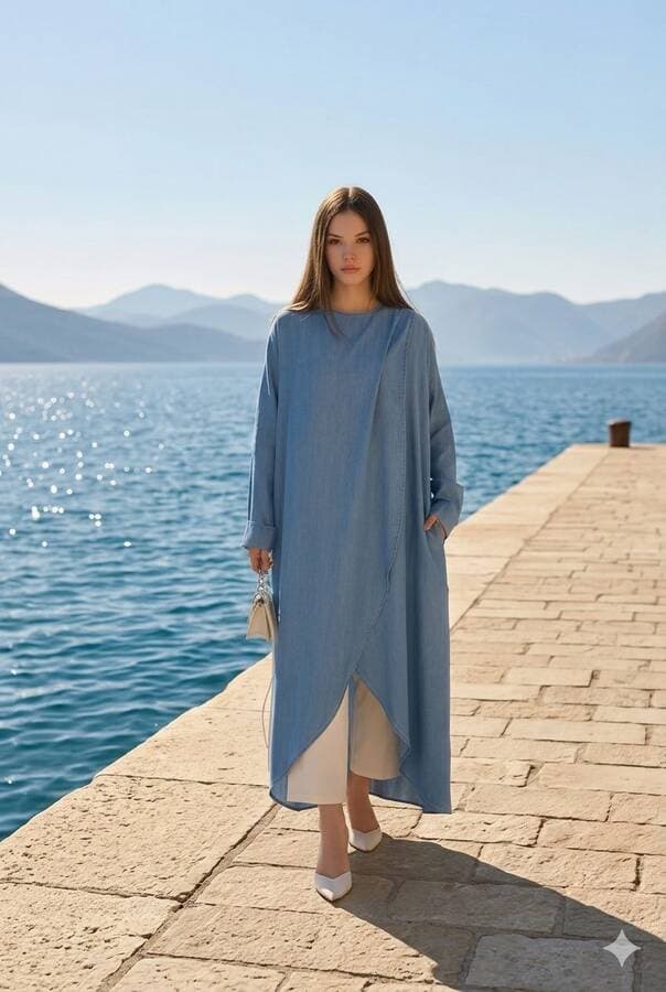 6394-Denim Tensel Standart Salaş Tunik Mavi