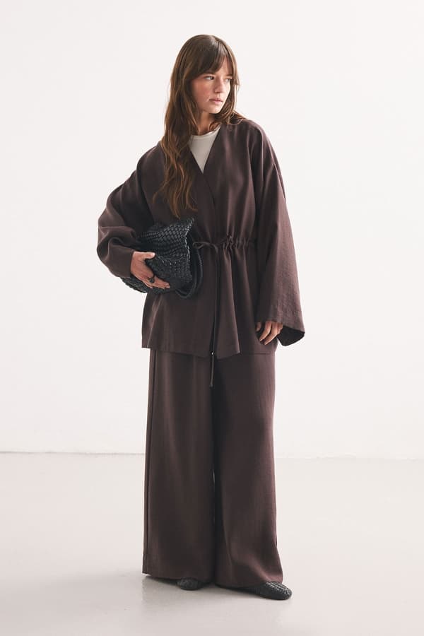Önden Bağlama Detaylı Kahve Kimono Pantolon Takım