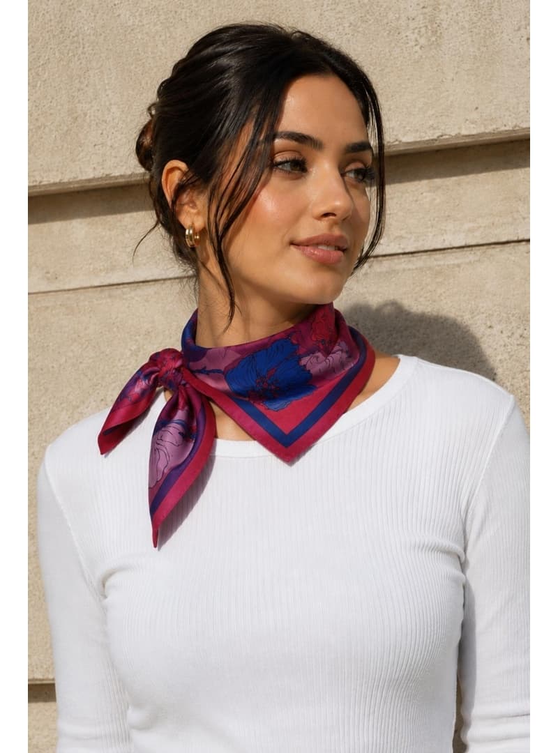 Dört Parça Çiçek Desen Mercan Lila Soft Bandana Fular 50x50 cm