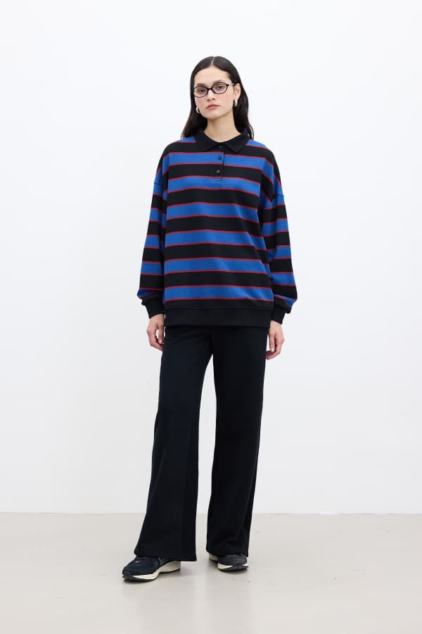 POLO YAKA OVERSIZE SWEATSHIRT MAVİ
