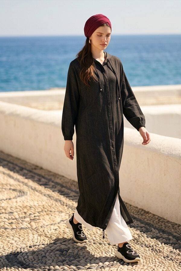 6465-Denim Parça Boya Yarasa Tunik Siyah