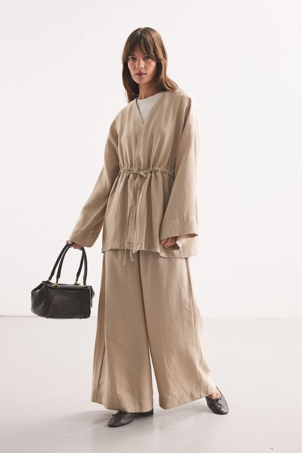 Önden Bağlama Detaylı Taş Kimono Pantolon Takım
