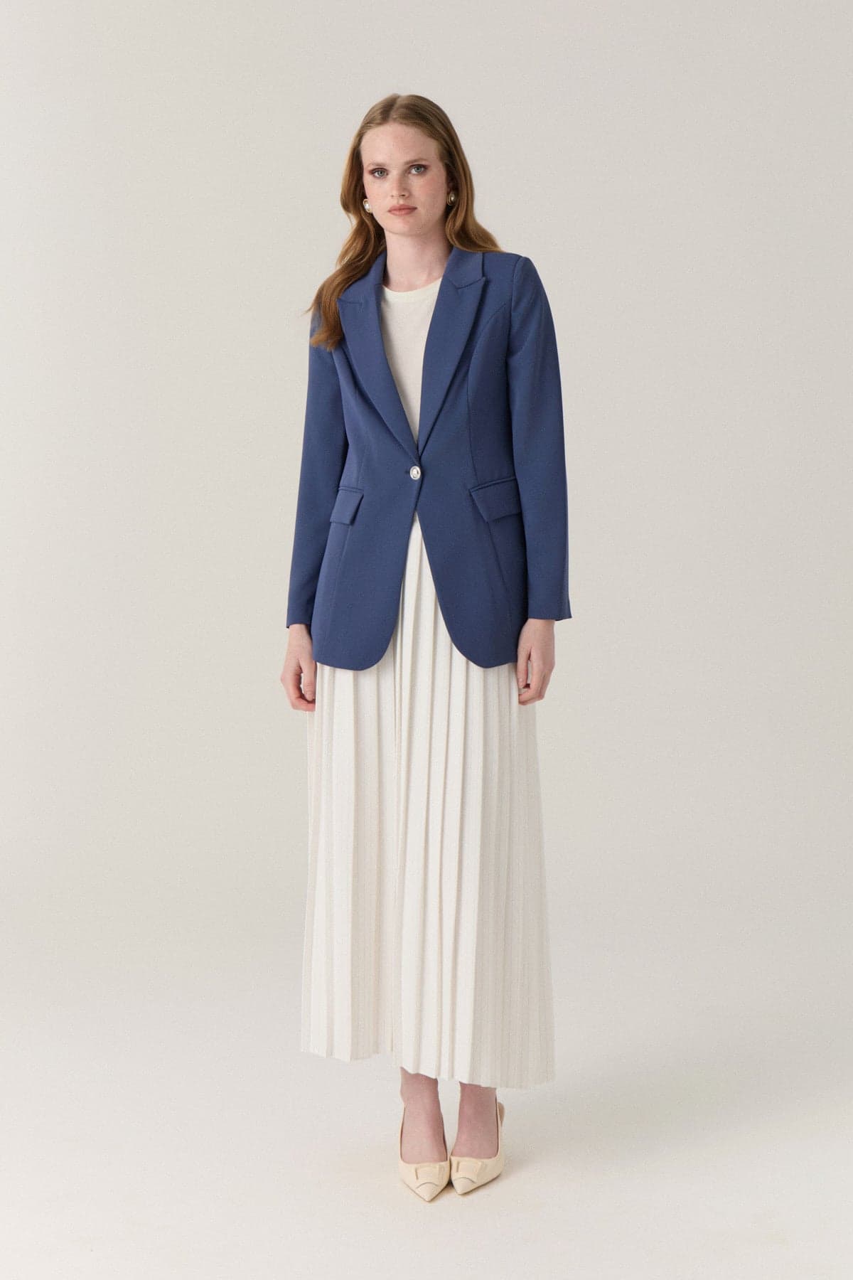Kruvaze Yaka Tek Düğmeli Blazer Indigo Ceket 0070