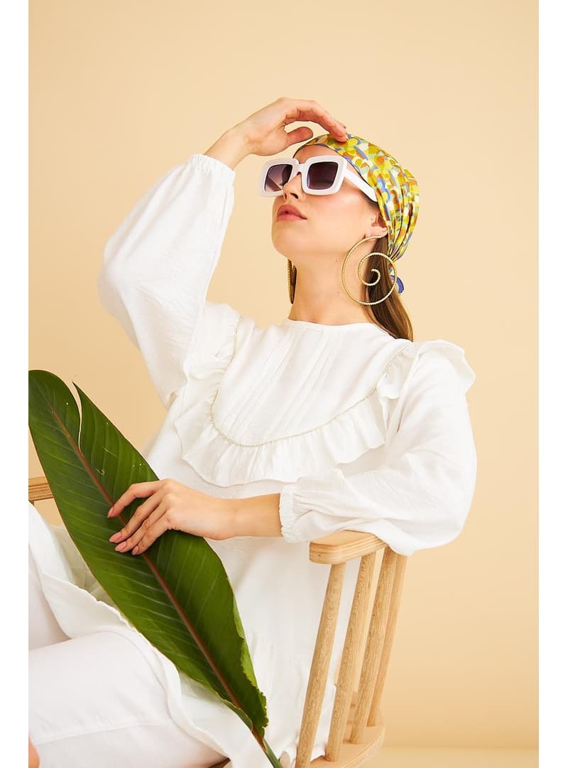 Luxe Fırfırlı ve Taşlı Keten Görünümlü Ekru Tunik Pantolon Takım Ekru