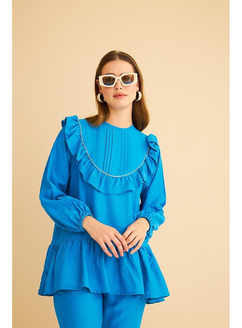 Luxe Fırfırlı ve Taşlı Keten Görünümlü Mavi Tunik Pantolon Takım Mavi