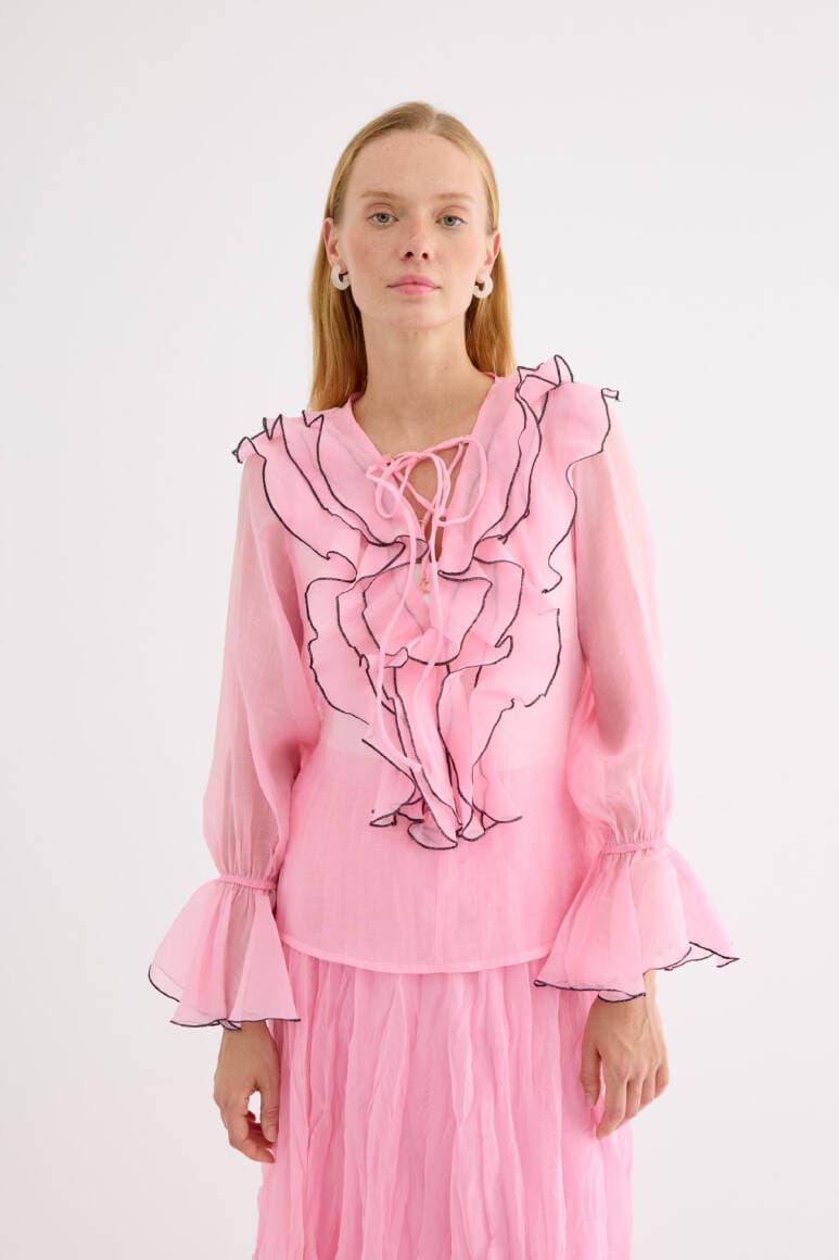 Kontrast Dikişli Fırfırlı Bluz Soft Pembe