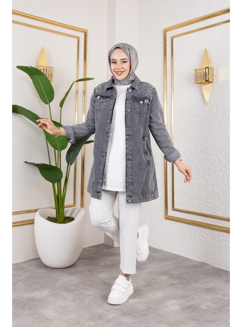 Kadın Taş İşlemeli Denim Ceket
