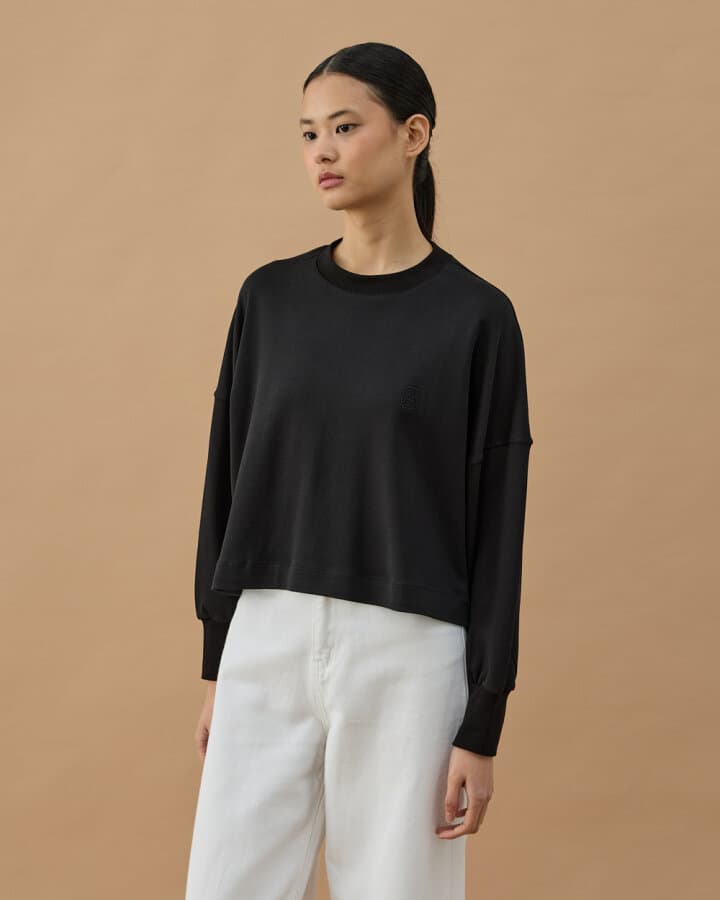 Penye İnterlok Crop Kısa Bluz Siyah