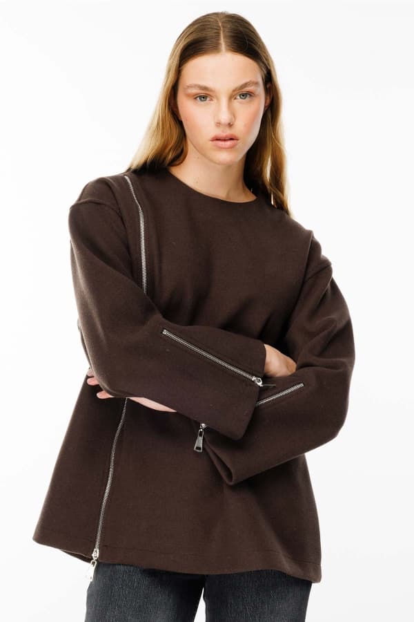 Fermuar Detaylı Kaşe Koyu Kahve Sweatshirt