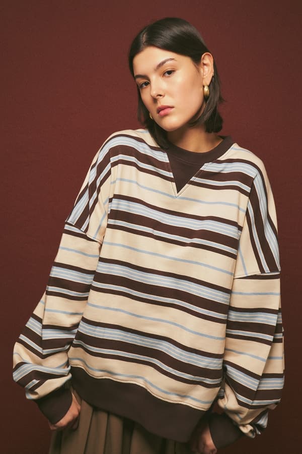 OVERSIZE ÇİZGİLİ SWEATSHIRT KAHVERENGİ
