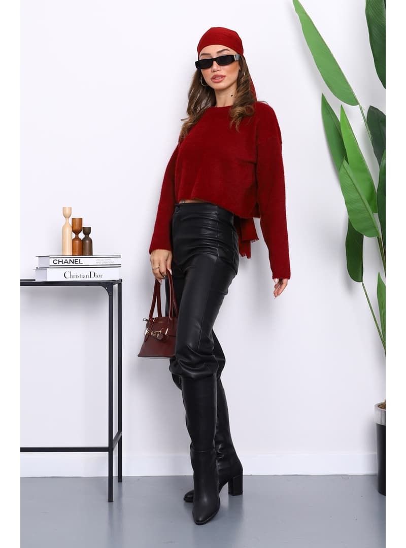 Bordo Bisiklet Yaka Angora Yumoş Crop Triko Kazak