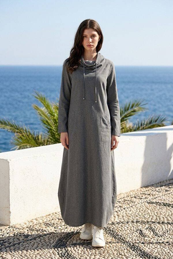 6034-Denim Kapşonlu Elbise Gri