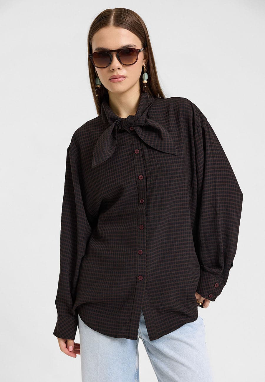 Ekose Fular Yaka Gömlek Kahve/Siyah-RS265450