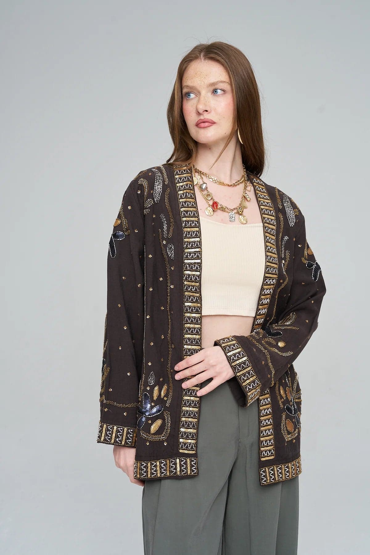 ORF-Özel Tasarım Boncuk ve Nakış Detaylı Kimono / Kahve