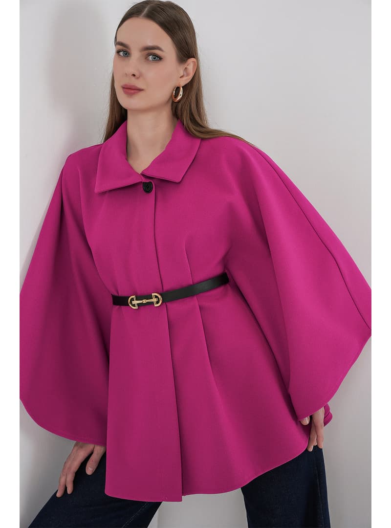 Kadın Kemerli Kaşe Panço 9170 Koyu Pembe
