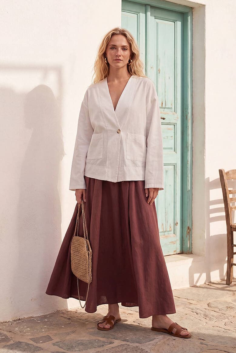 Tek Düğmeli Kimono Keten Bluz Ekru