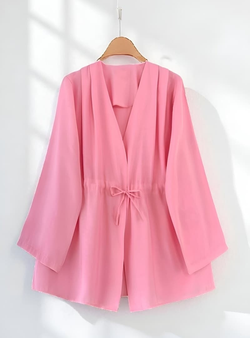 Beli Bağcıklı Modal Kimono Pembe