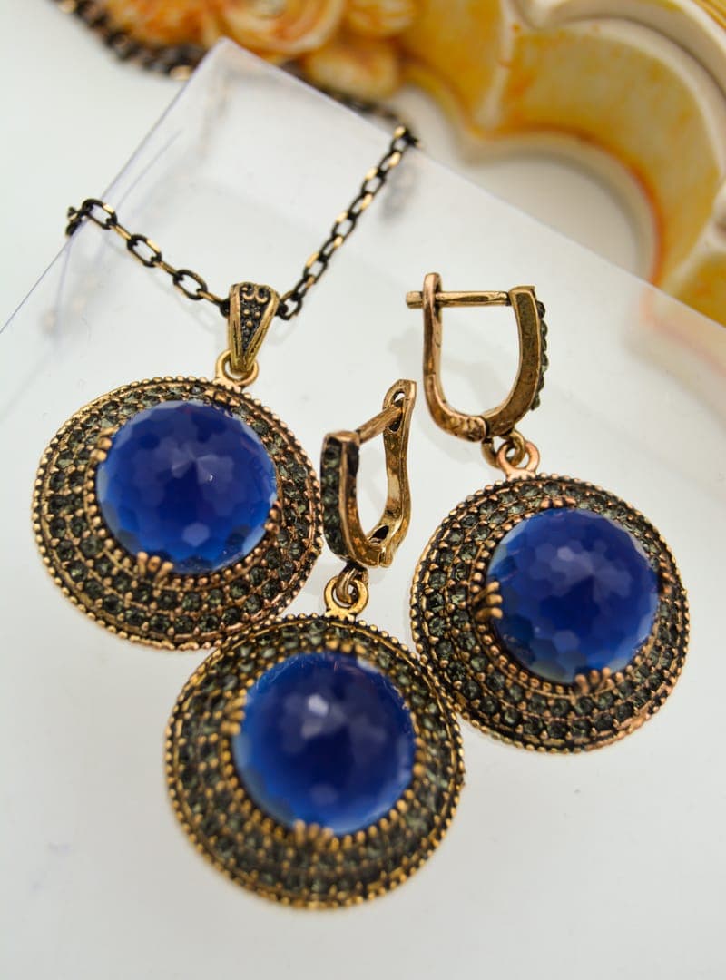 Safir Taşlı Helen Set Mavi
