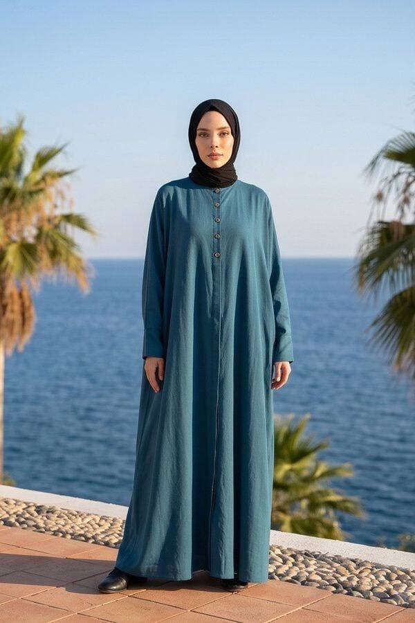 6618-Modal Süs Düğmeli Abaya İndigo