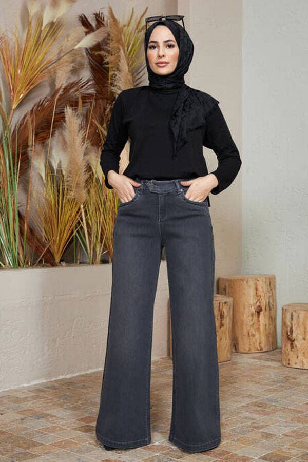 1067-Denim Bol Paça Pantolon Koyu Gri