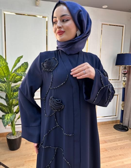 Bayan Lacivert 45963 Elde Gül desen işleme tek abaya