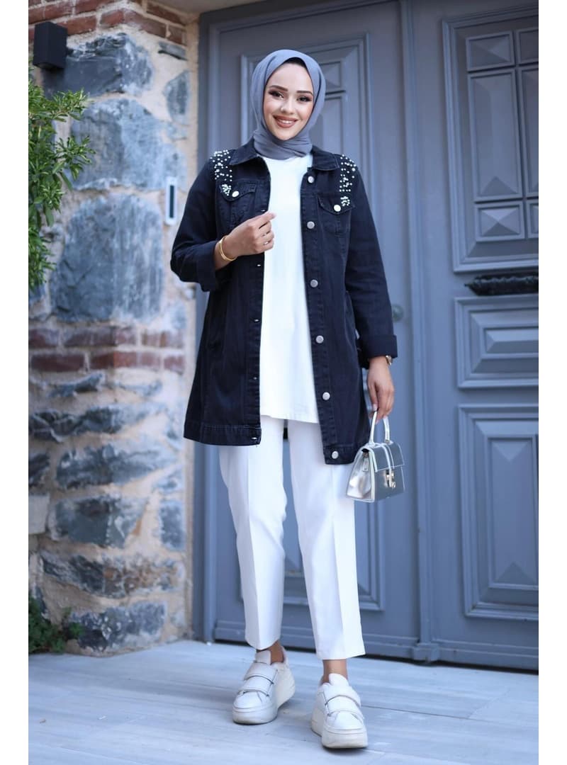 Boncuk İşlemeli Denim Ceket Siyah