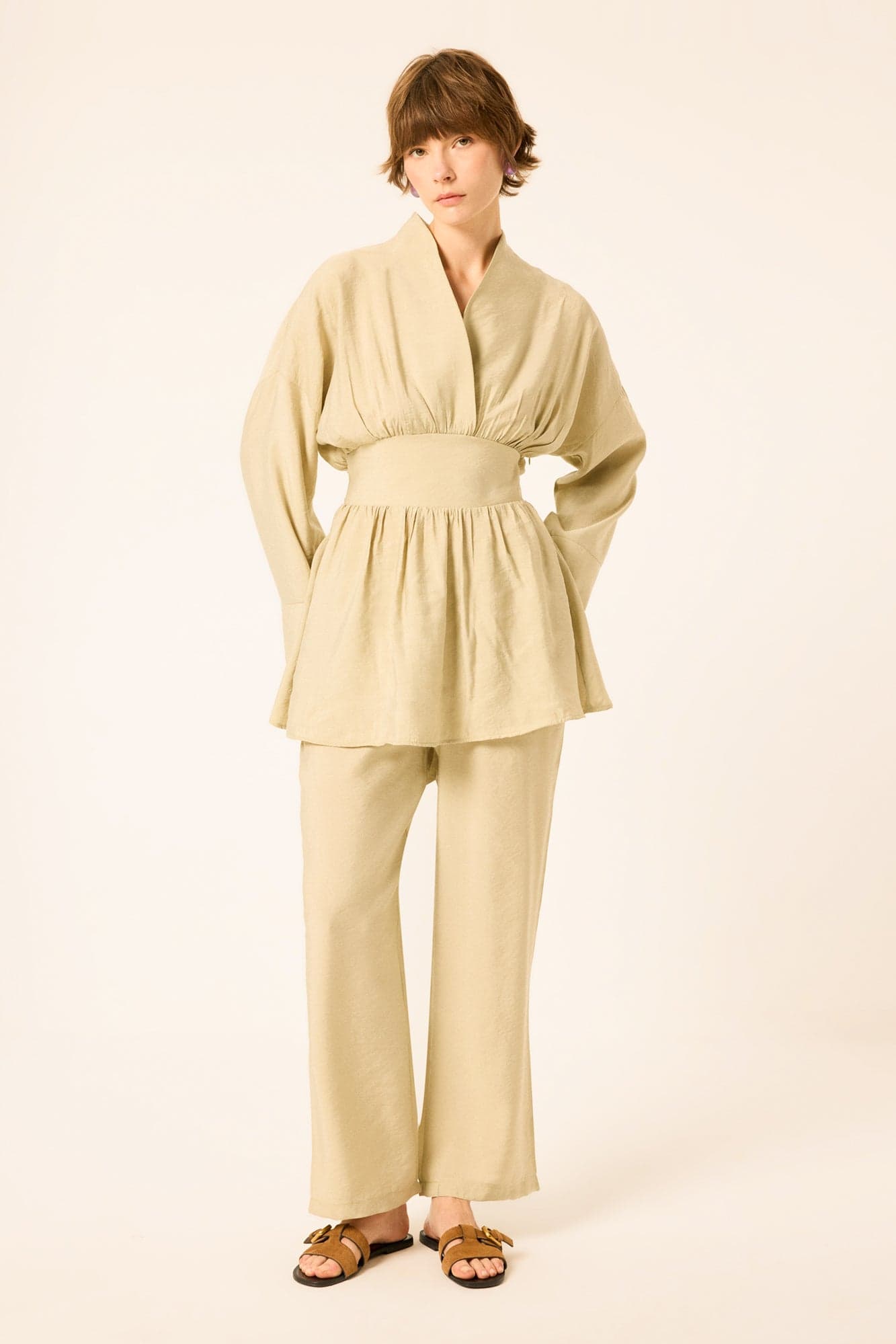 PEPLUM TUNIC AND ELASTIC-WAIST TROUSERS SET