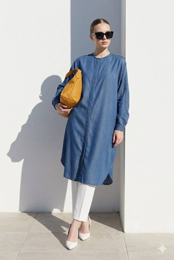 6600-Denim Standart Tunik Koyu Mavi