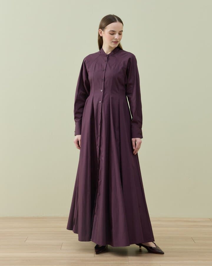 Poplin Belden Oturtmalı Düğmeli Elbise Mürdüm