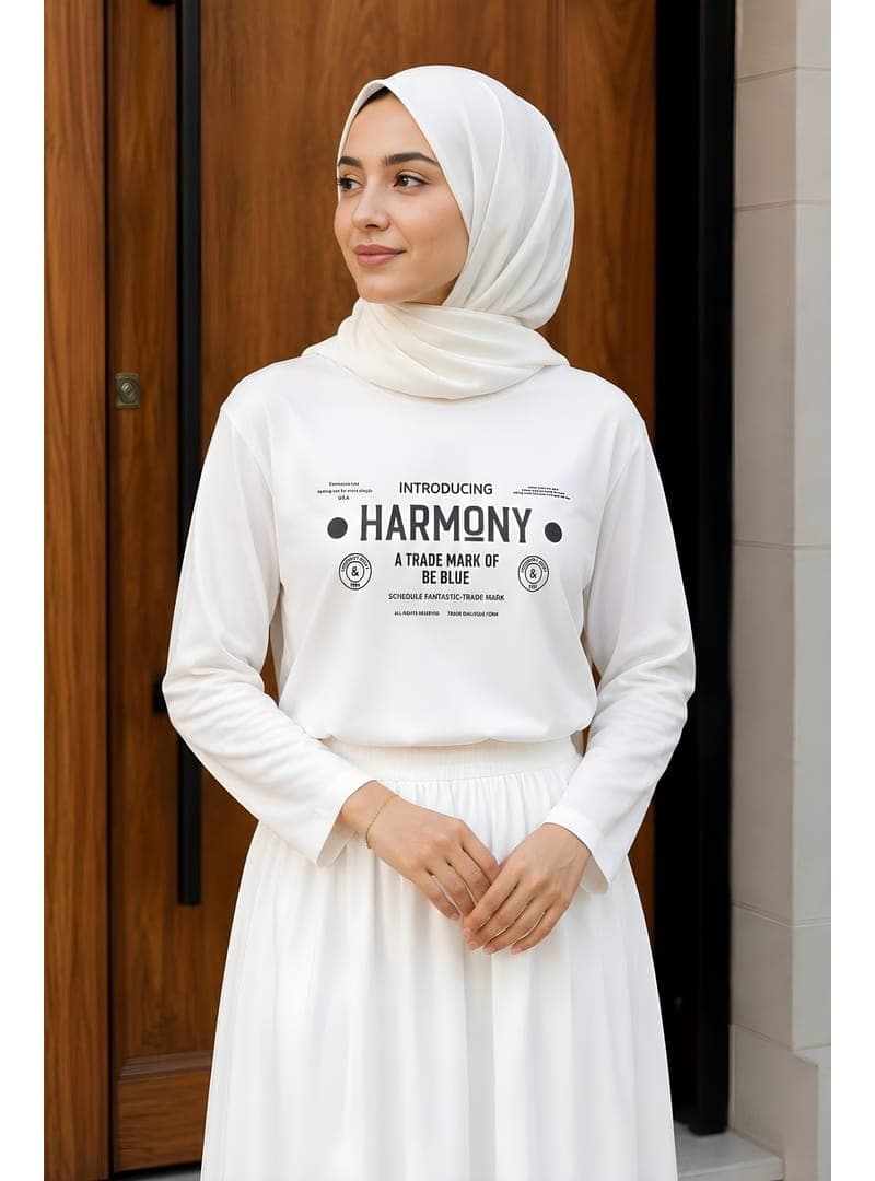 Beyaz Bisiklet Yaka Baskılı Penye Body