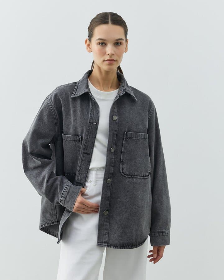 Unisex Çift Cepli Jean Ceket Gri