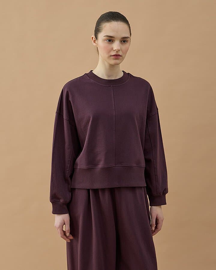 Cotton İki İplik Nervürlü Kesikli Dikişli Kısa Sweat Mürdüm