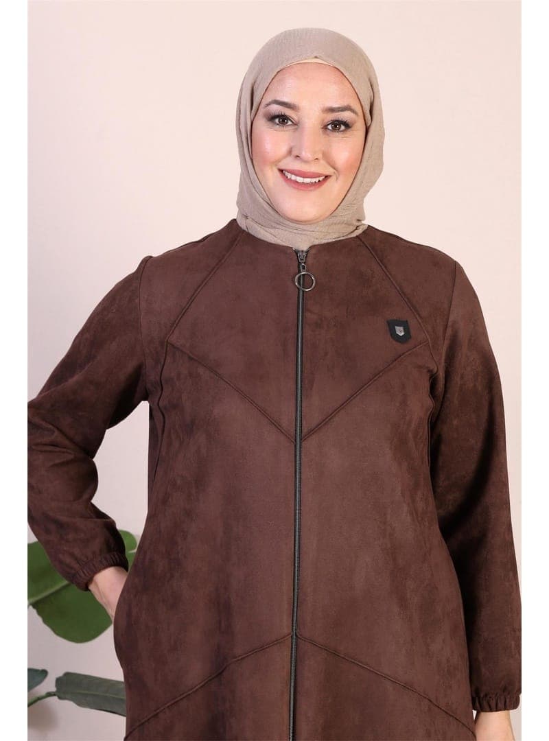 Büyük Beden Tam Boy Süet Pardesü Baklava Desenli Kahve