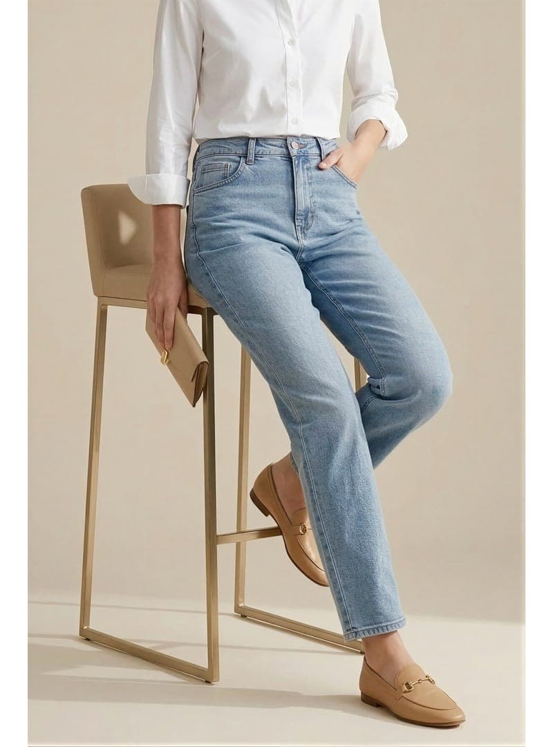 Mavi Yüksek Bel Mom Jeans Pantolon