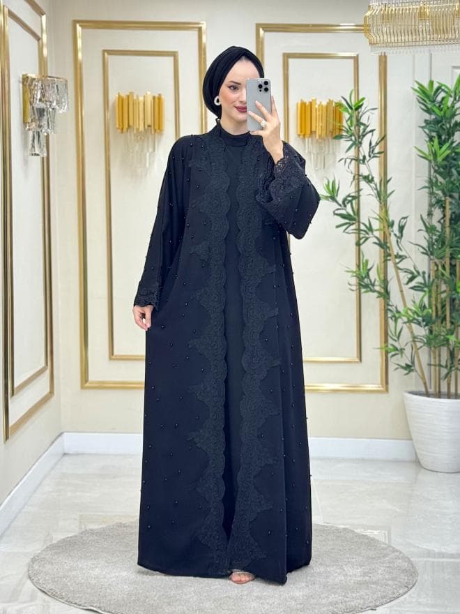Feriha Fransız Dantelli Abaya Takım Siyah