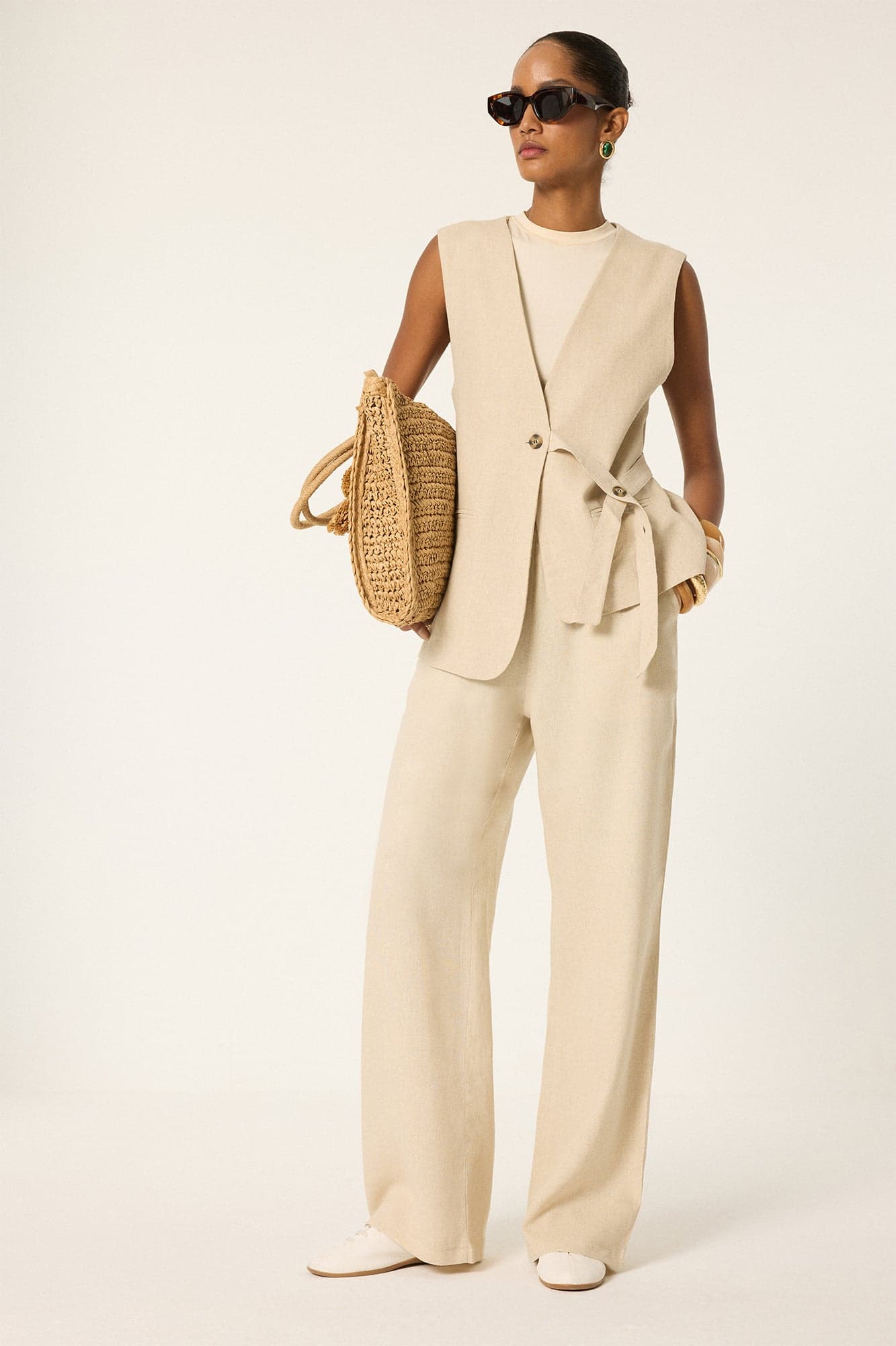 100% LINEN TIE-FRONT VEST AND TROUSERS SET