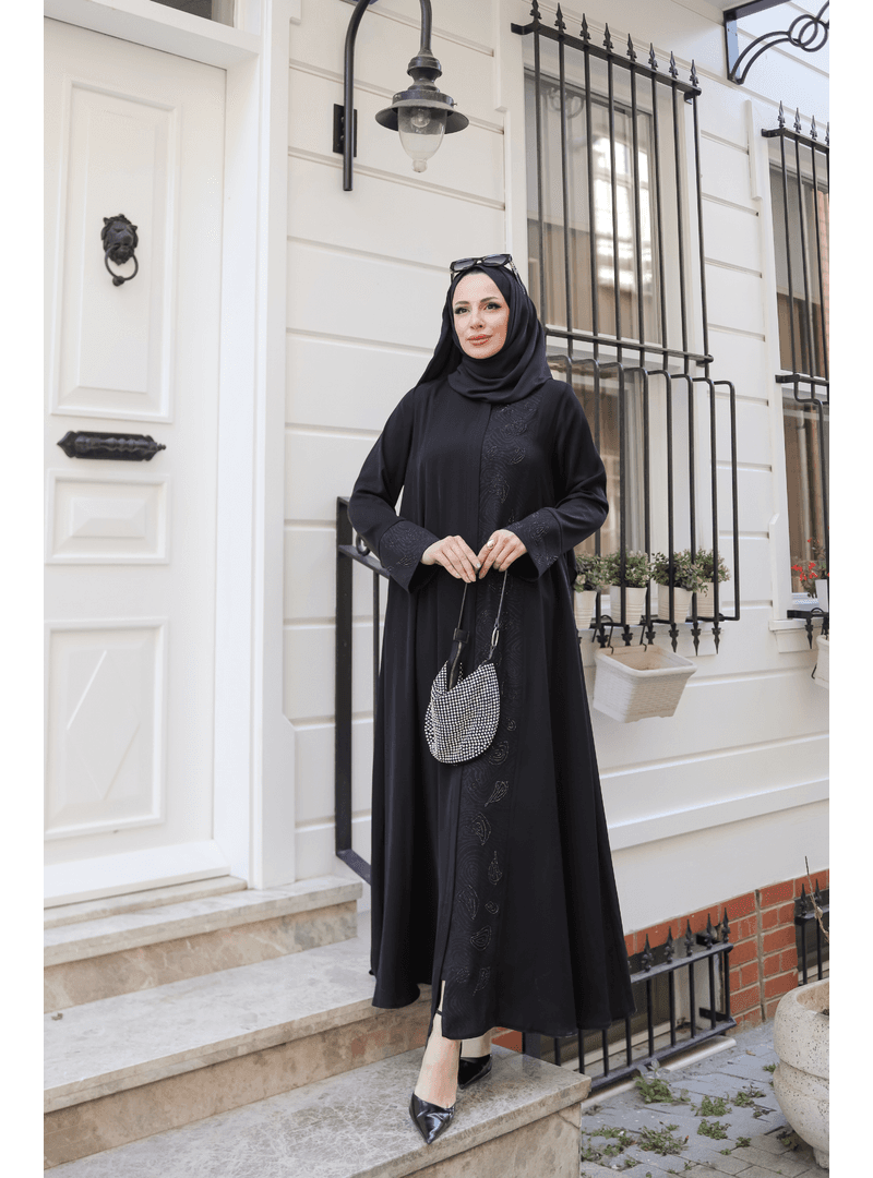 Dubai İpeği Abaya Taş Detaylı Siyah
