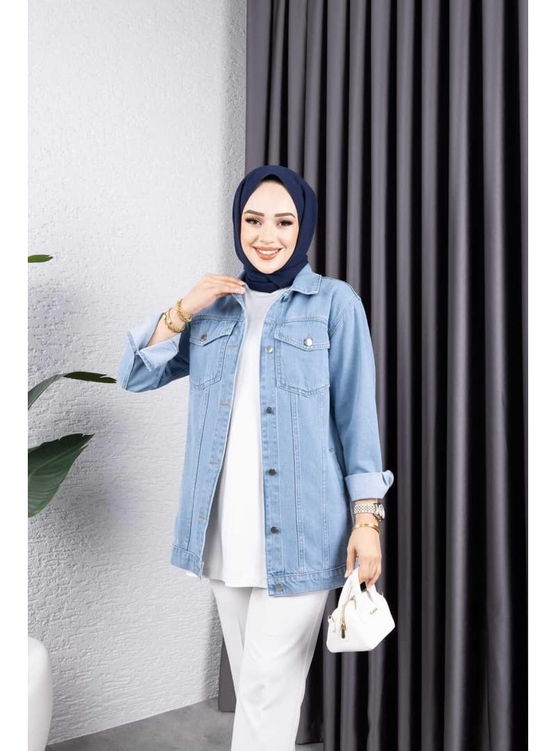 Buz Mavisi Kar Yıkamalı Denim Ceket