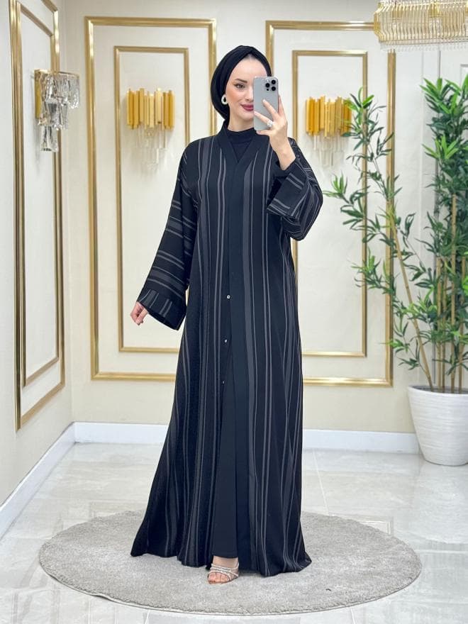 Lema Kendinden Çizgili İpek Abaya Siyah