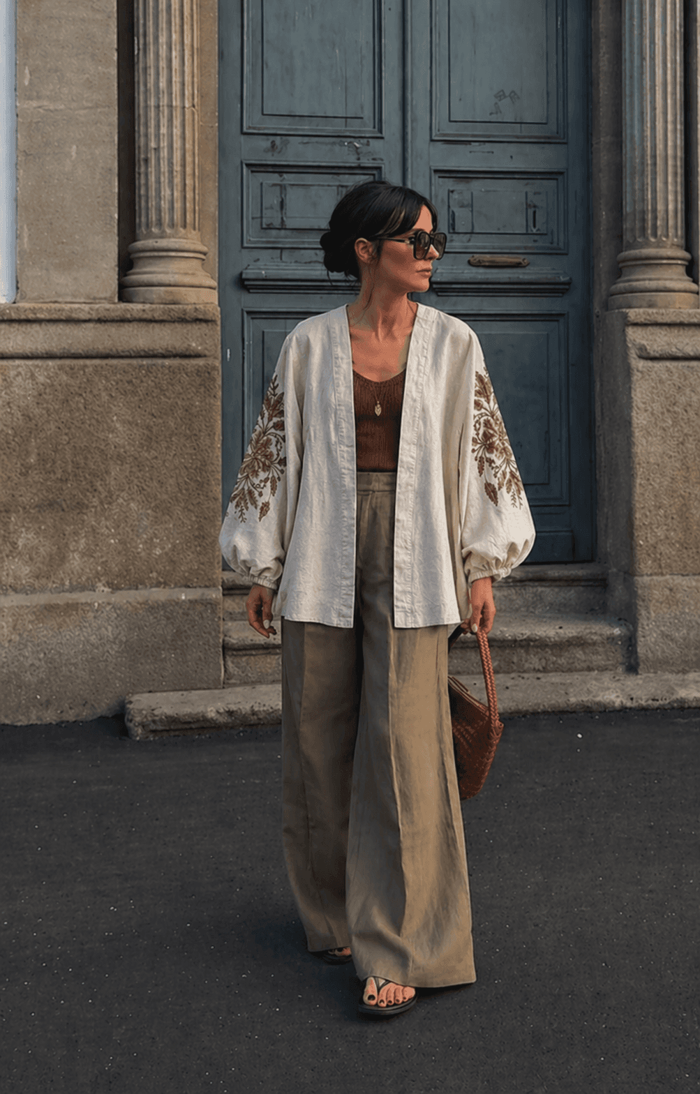 ORF Kahve Nakış İşlemeli Kimono-RS34043